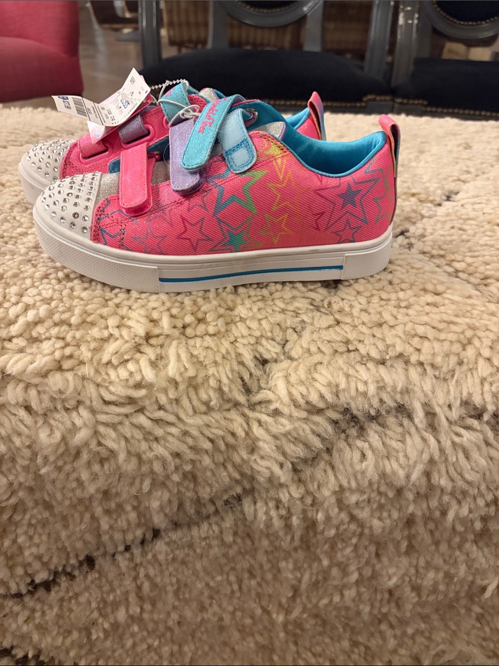 Skechers Girls Pink Multi-Star Velcro Sneakers with Rhinestone LIGHTS UP!